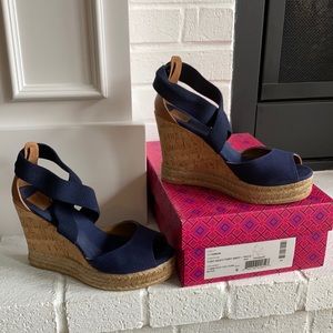 Tory Burch Navy Blue Wedge Sandals. Peep Toe, cork heel. Worn once.